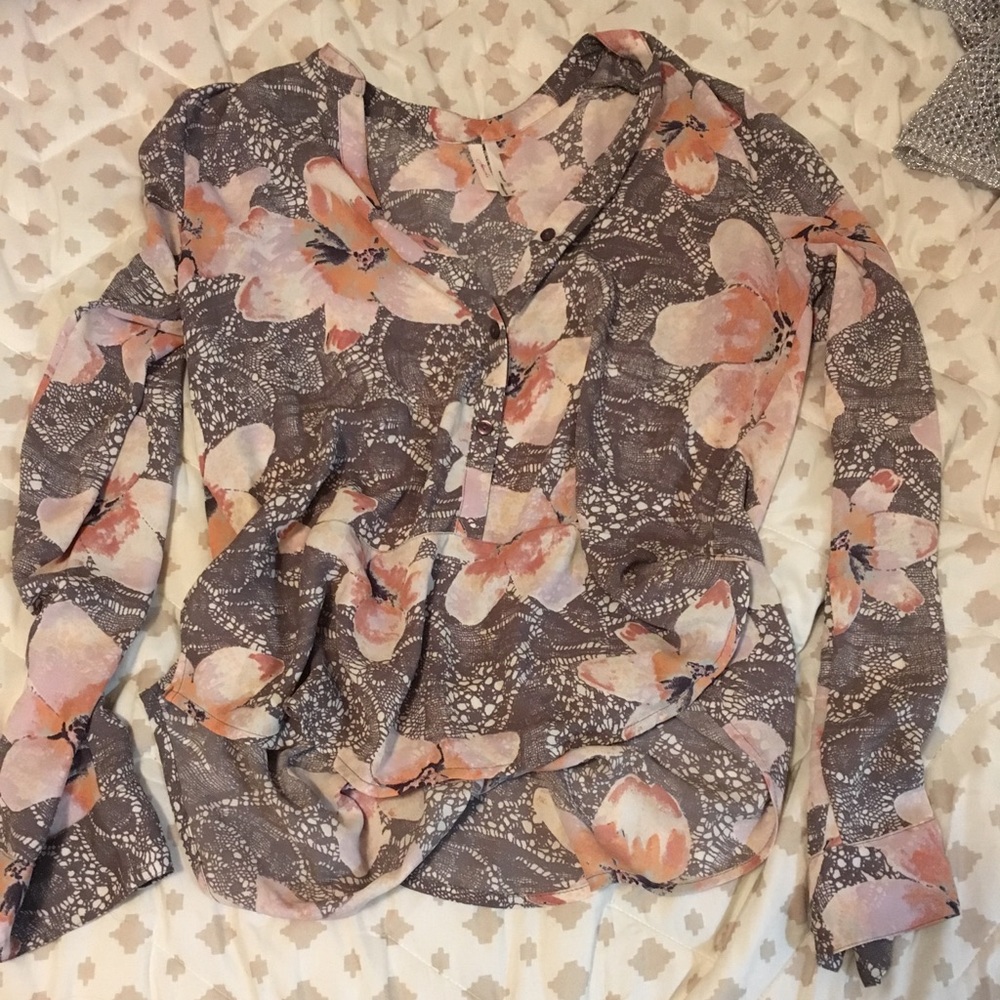 Frenchi button down blouse shirt flower print grey